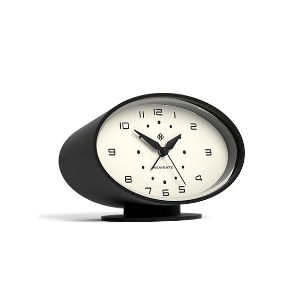 Skew of the Retro Ronnie alarm clock by Newgate World with a black case and Arabic dial