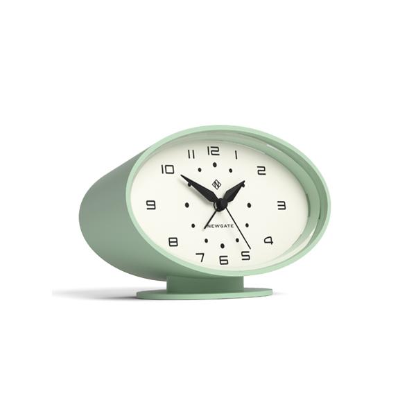 Skew view of the Retro Ronnie alarm clock by Newgate World with a neo mint case and Arabic dial