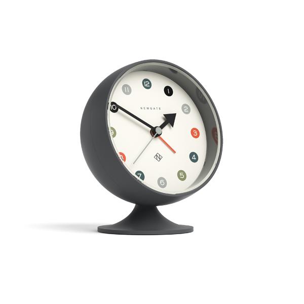 Skew view of the Retro Spheric alarm clock by Newgate World with an Arabic dial and a blizzard grey case - Skew