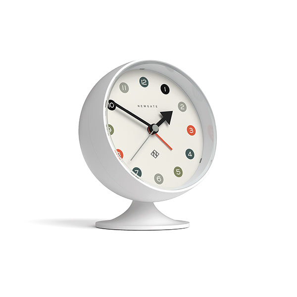 Skew style shot view of the Retro Spheric alarm clock by Newgate World with an Arabic dial and a Pebble White case - Skew 