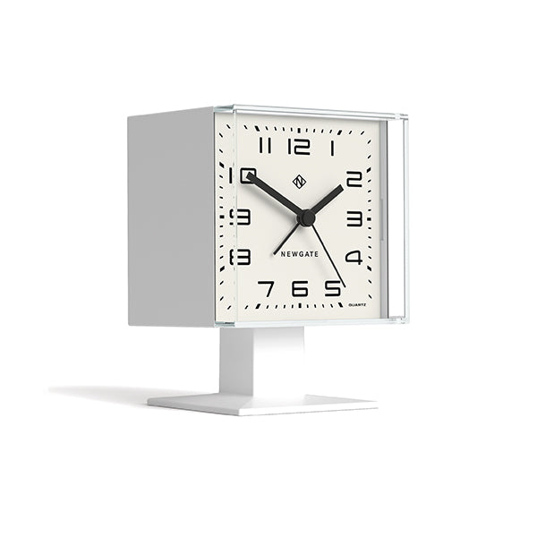 Retro Victor alarm clock by Newgate Clocks with a square case and an Arabic dial in matt white -  Skew