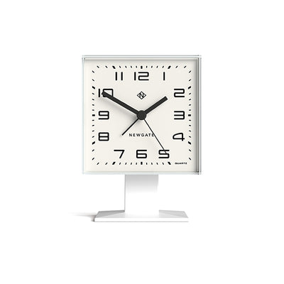 Retro Victor alarm clock by Newgate Clocks with a square case and an Arabic dial in matt white - Front