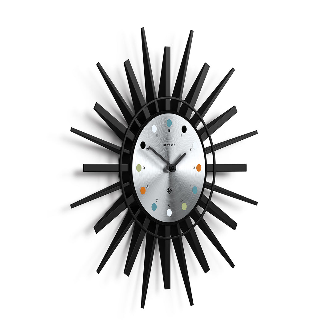 Retro Style Sunburst Wall Clock - Black with Aluminium Dial - STING316K - Skew