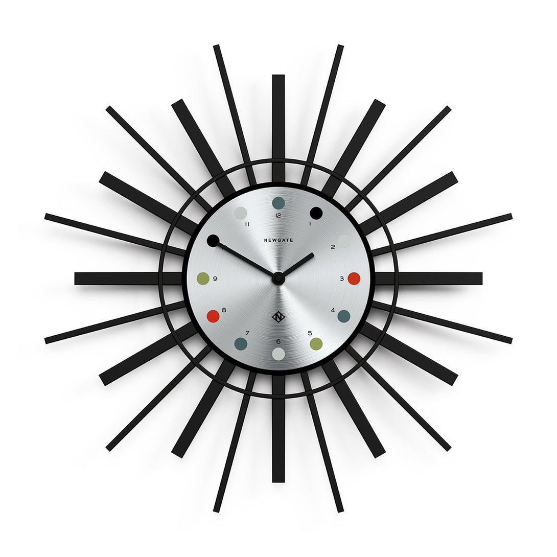 Retro Style Sunburst Wall Clock - Black with Aluminium Dial - STING316K