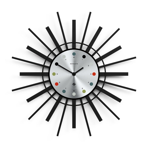 Retro Style Sunburst Wall Clock - Black with Aluminium Dial - STING316K
