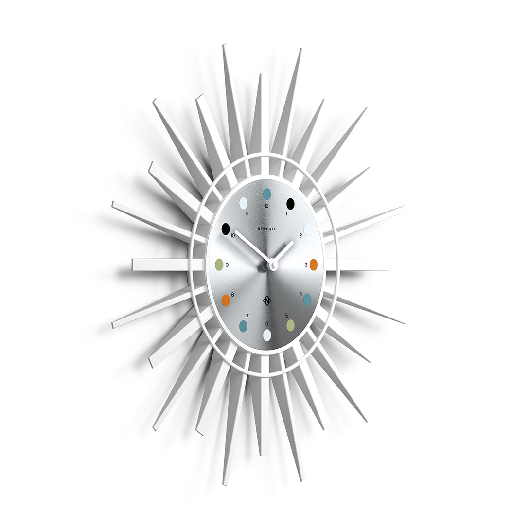 Retro Style Sunburst Wall Clock - White with Aluminium Dial - STING514PW - skew