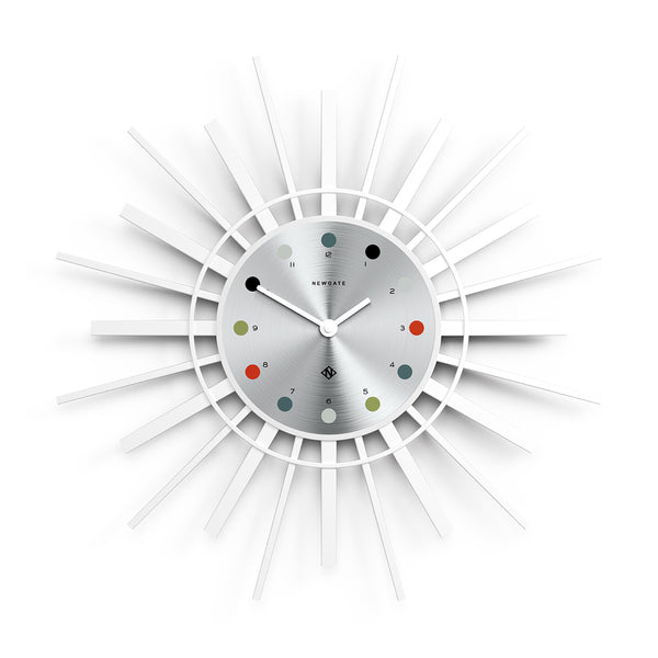 Retro Style Sunburst Wall Clock - White with Aluminium Dial - STING514PW
