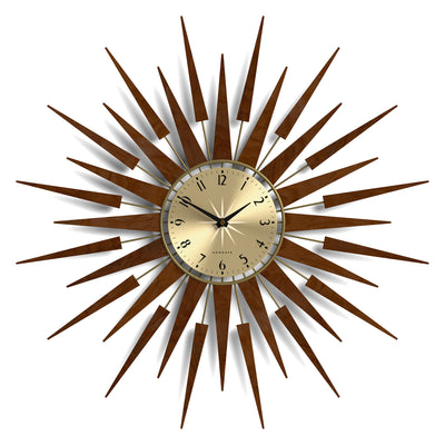 Pluto sunburst style wall clock by Newgate World with dark wood rays and a gold metal Arabic dial