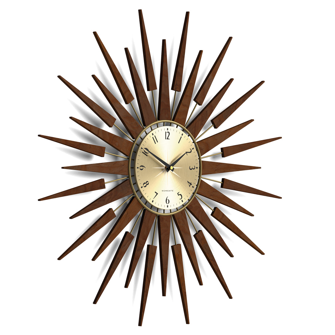 Pluto sunburst style wall clock by Newgate World with dark wood rays and a gold metal Arabic dial