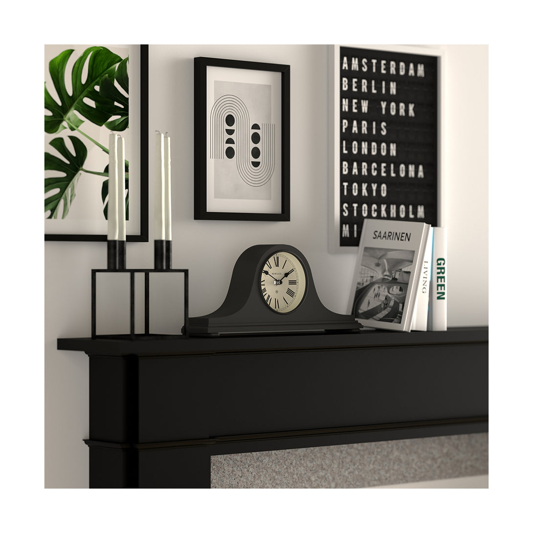 Newgate Clocks Time Machine mantel clock in dark Grey with classic style case and traditional Roman Numeral dial - skew style shot