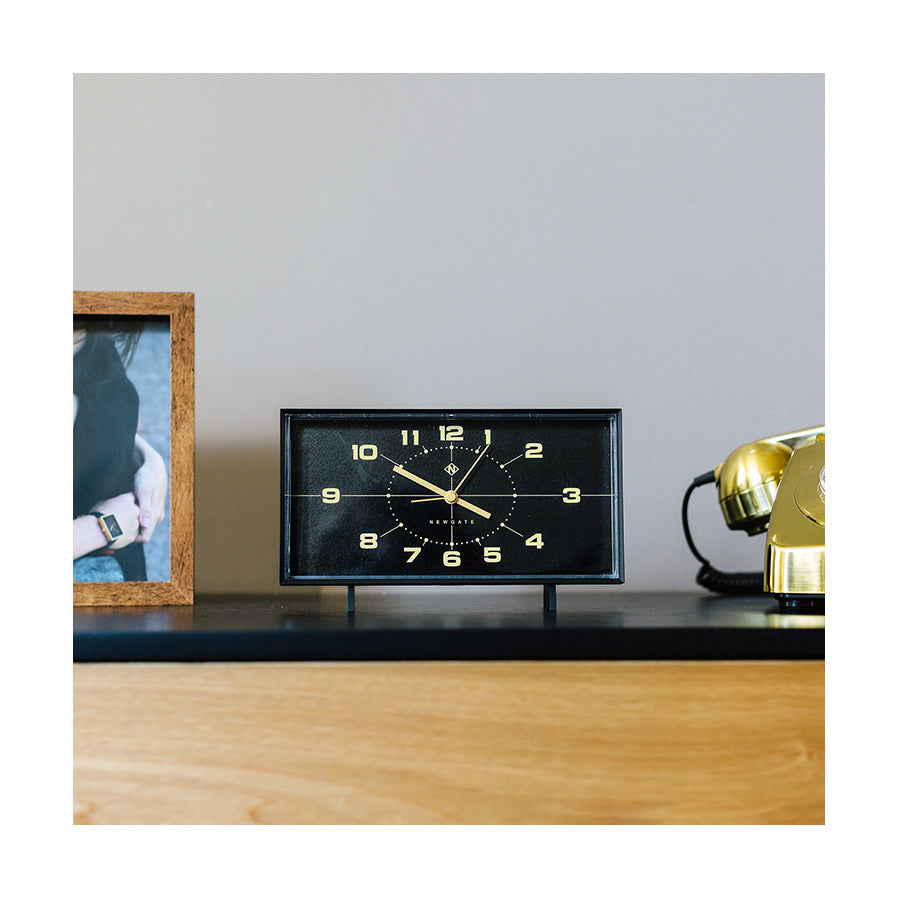 Mid-Century Retro Alarm Desk Clock - Black Rectangular - Newgate Wideboy WIDE562K (style shot)
